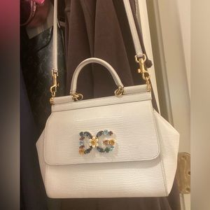 Dolce & Gabbana White Leather Medium Sicily Handbag with Rhinestones